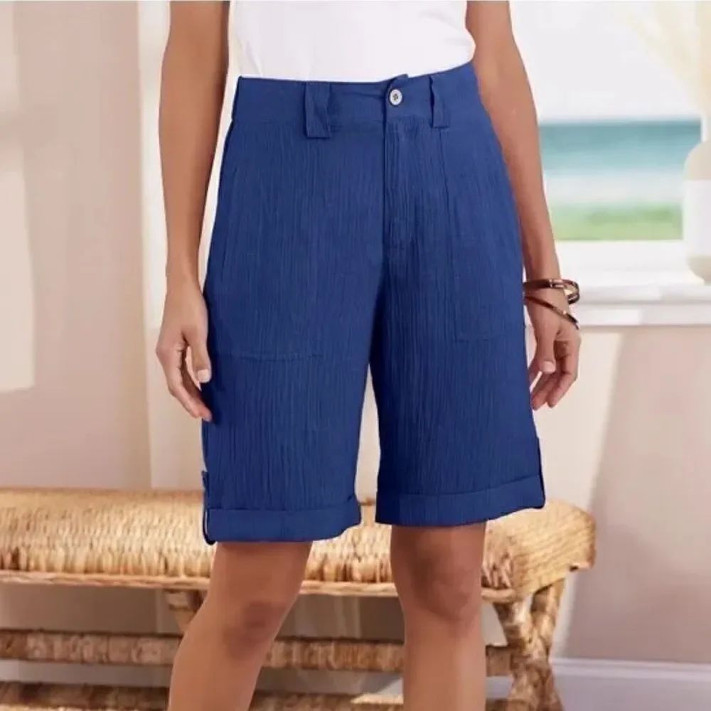 Soft Surroundings Blue Gauze High Rise Flat Front Shorts Size S
